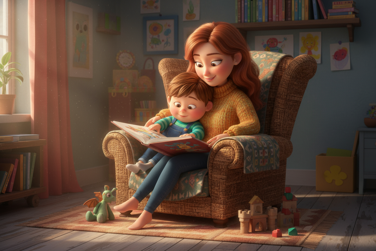 3d pixar illustration a mother and sun sitting together reading a book 