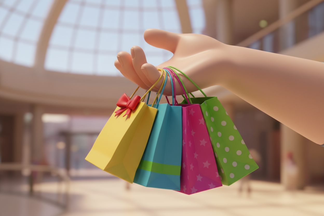 a 3d pixar hand holding shopping bags 