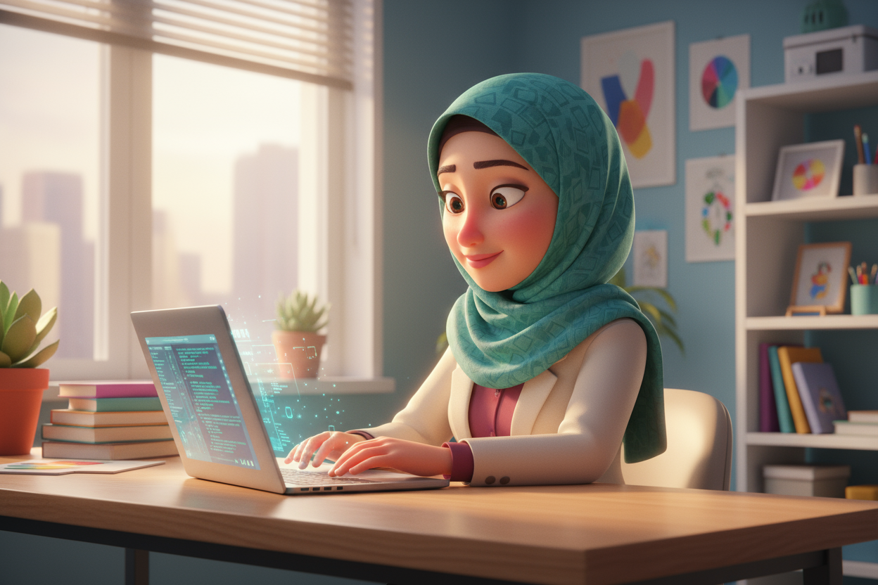 a 3d pixar woman with a hijab on her laptop working 
